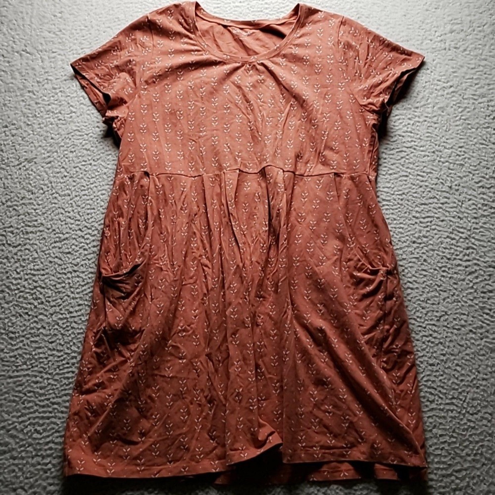 NorthStyle Dress Womens 2X Orange Floral Short Sleeve Scoop T-Shirt Pockets Knee